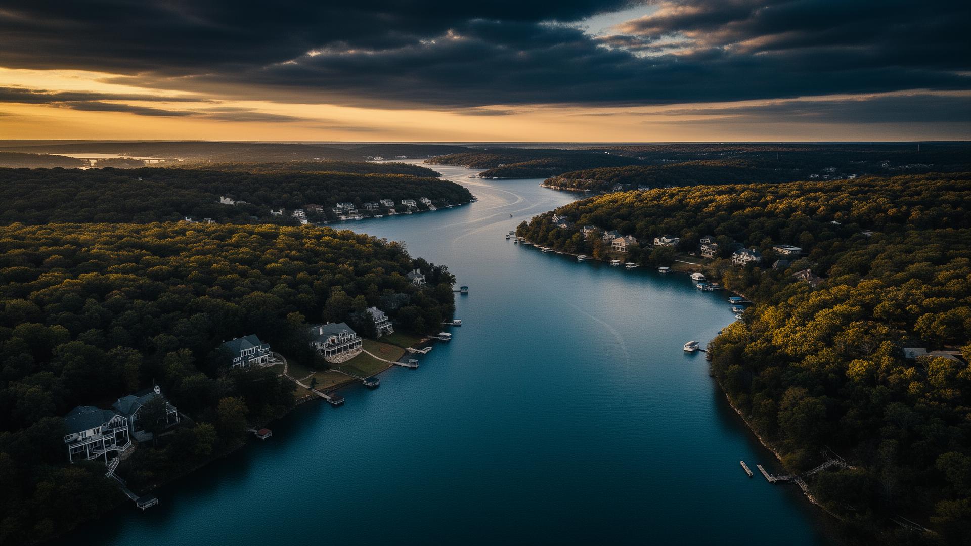 Aerial view of Lake of the Ozarks at sunset